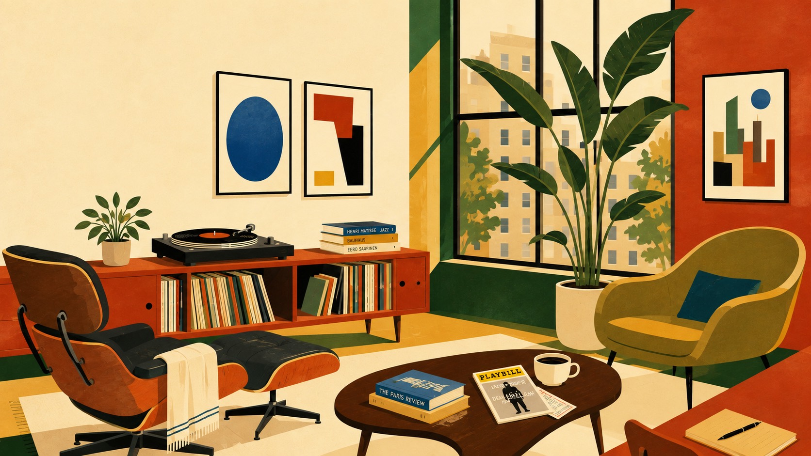 An illustrated sunny Manhattan living room with an Eames chair, records, books, and a bird-of-paradise plant